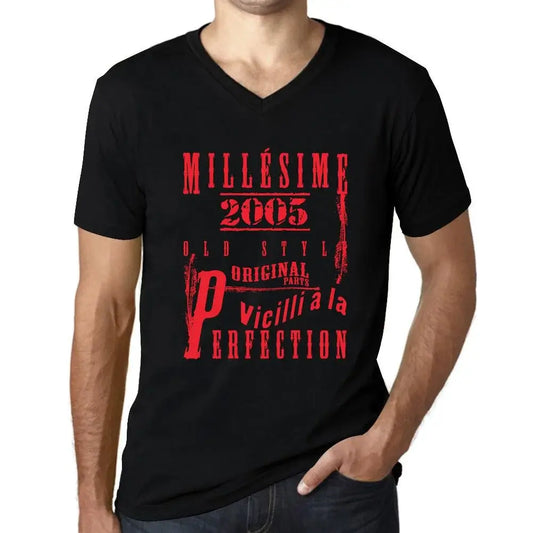 Men's Graphic T-Shirt V Neck Vintage Aged to Perfection 2005 – Millésime Vieilli à la Perfection 2005 – 19th Birthday Anniversary 19 Year Old Gift 2005 Vintage Eco-Friendly Short Sleeve Novelty Tee