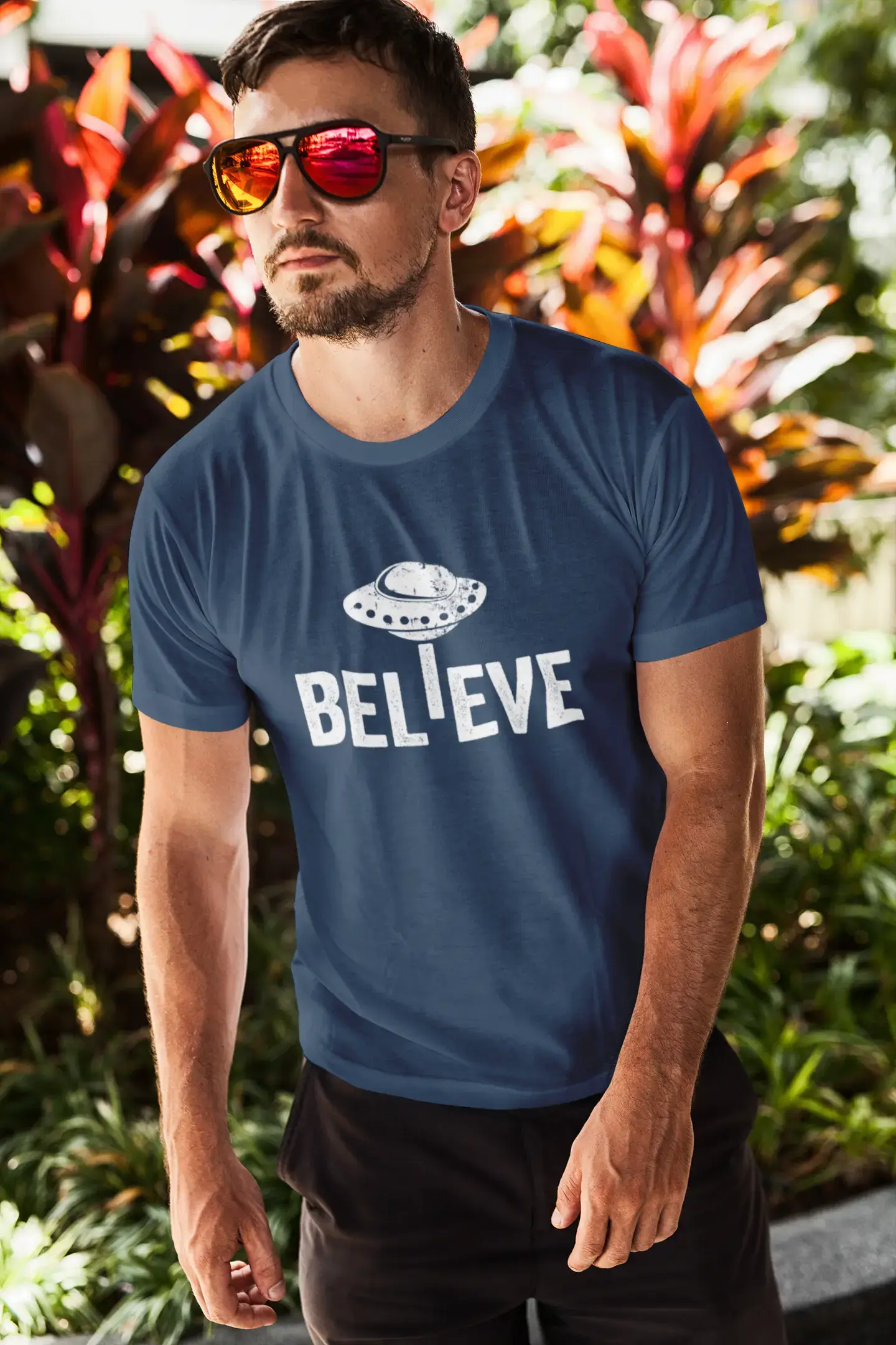 ULTRABASIC - Graphic Men's Believe UFO Alien T-Shirt Funny Casual Letter Print Tee Mouse Grey