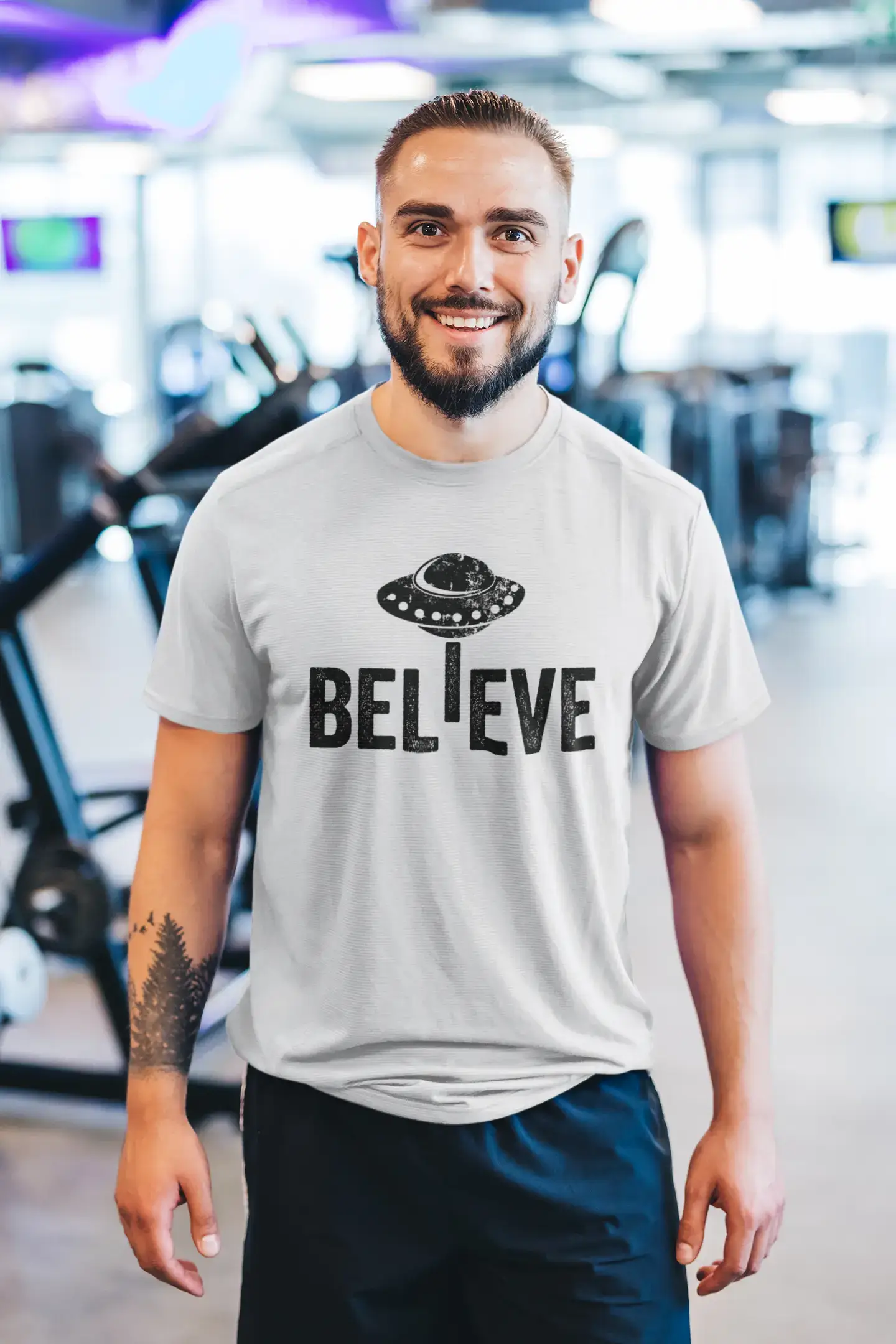 ULTRABASIC - Graphic Men's Believe UFO Alien T-Shirt Funny Casual Letter Print Tee Mouse Grey