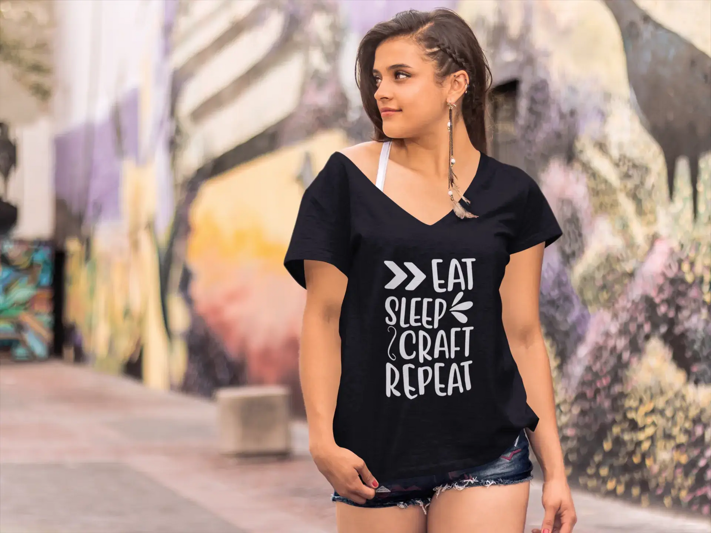 ULTRABASIC Women's T-Shirt Eat Sleep Craft Repeat - Short Sleeve Tee Shirt Tops