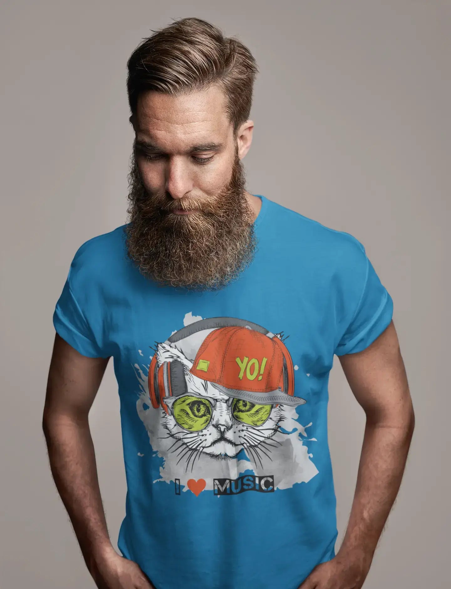 ULTRABASIC Men's Novelty T-Shirt Cool Cat - I Love Music Funny Tee Shirt