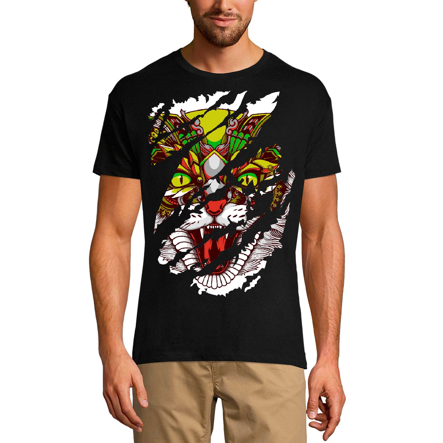 ULTRABASIC Men's Torn T-Shirt Angry Cat - Mad Kitten Totem Vintage Shirt for Men