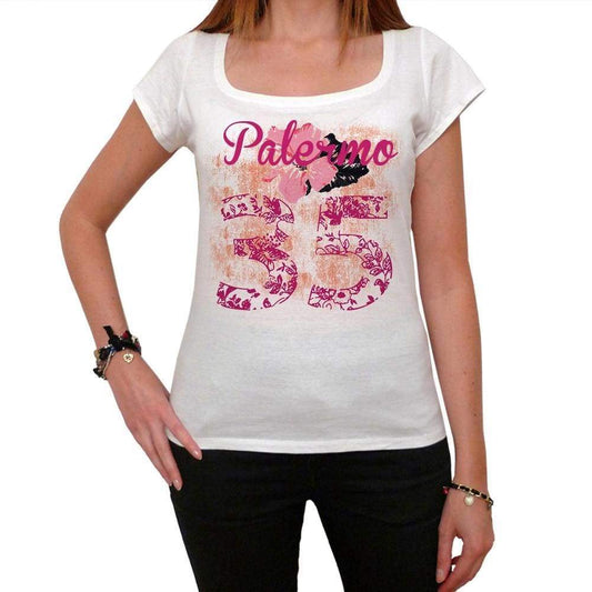 35 Palermo City With Number Womens Short Sleeve Round White T-Shirt 00008 - Casual