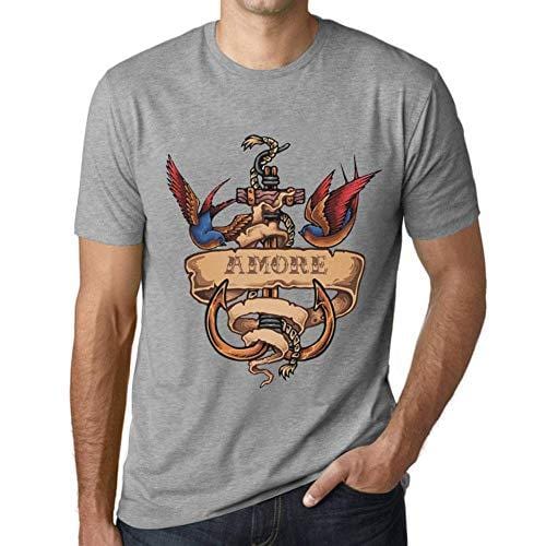 Ultrabasic - Homme T-Shirt Graphique Anchor Tattoo Amore Gris Chiné