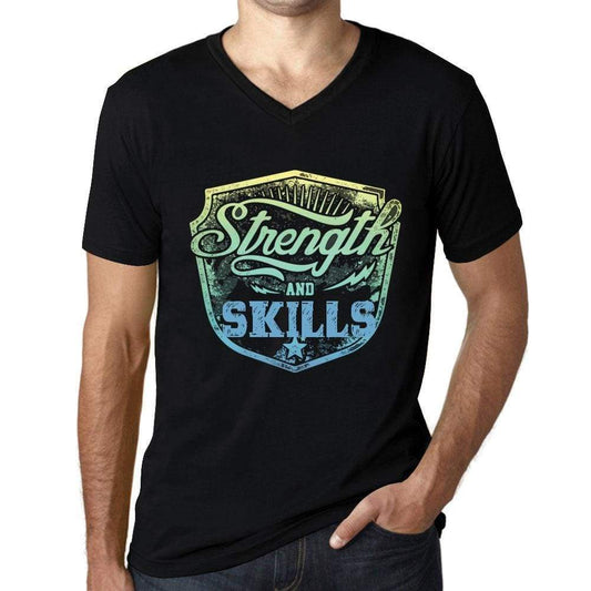 Mens Vintage Tee Shirt Graphic V-Neck T Shirt Strenght And Skills Black - Black / S / Cotton - T-Shirt