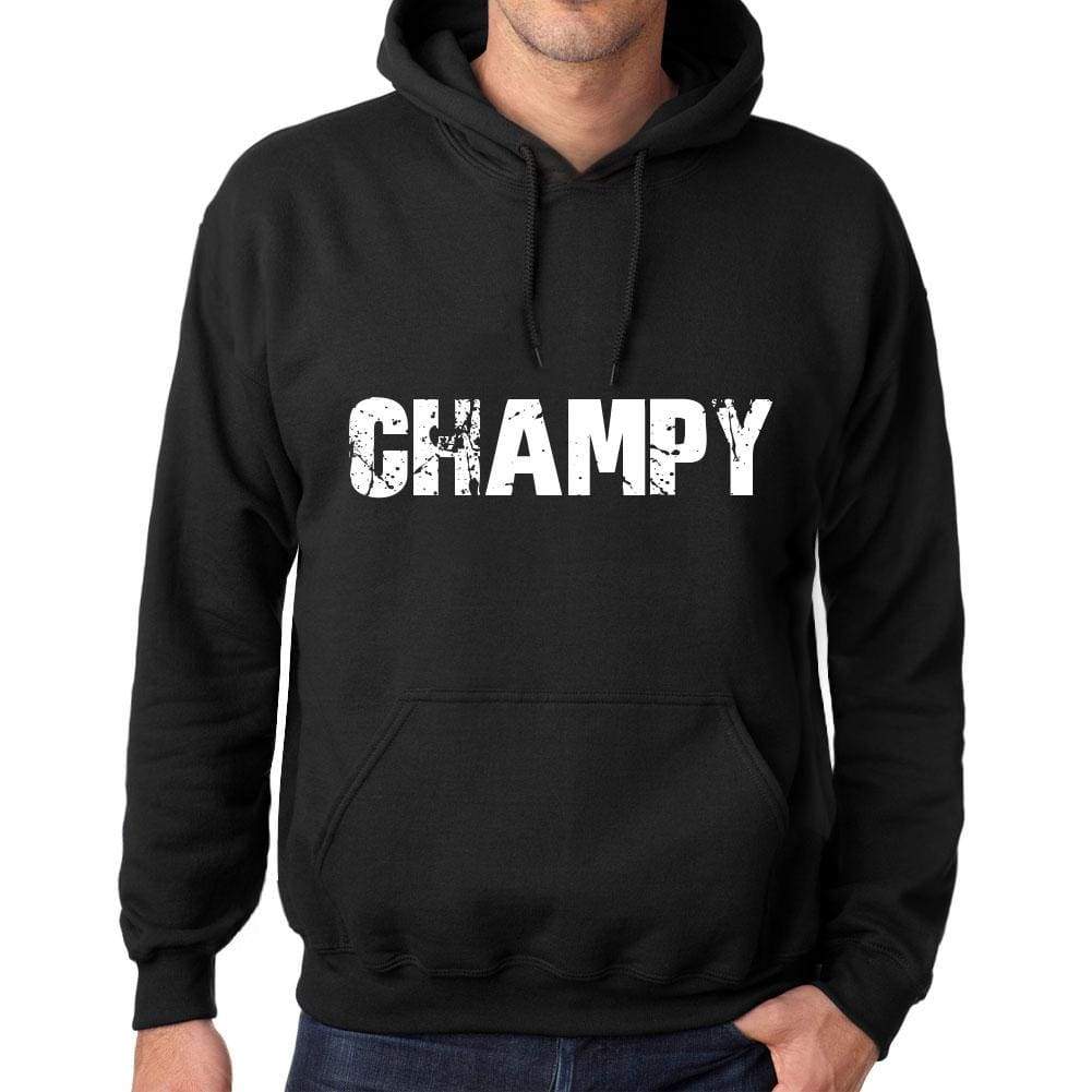 Mens Womens Unisex Printed Graphic Cotton Hoodie Soft Heavyweight Hooded Sweatshirt Pullover Popular Words Champy Deep Black - Black / Xs /