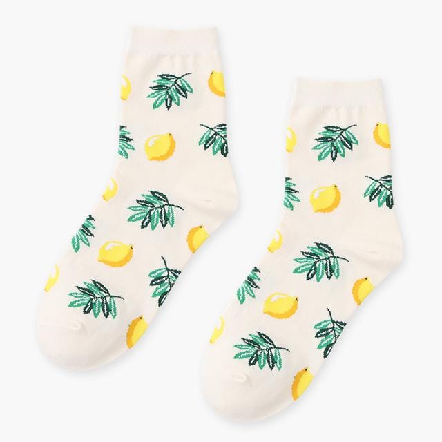 Summer Korean Happy Fruits Socks Lemon Avocado Pineapple Cherry Blueberry Orange Gardenias Banana Leaves Printed Unisex sox