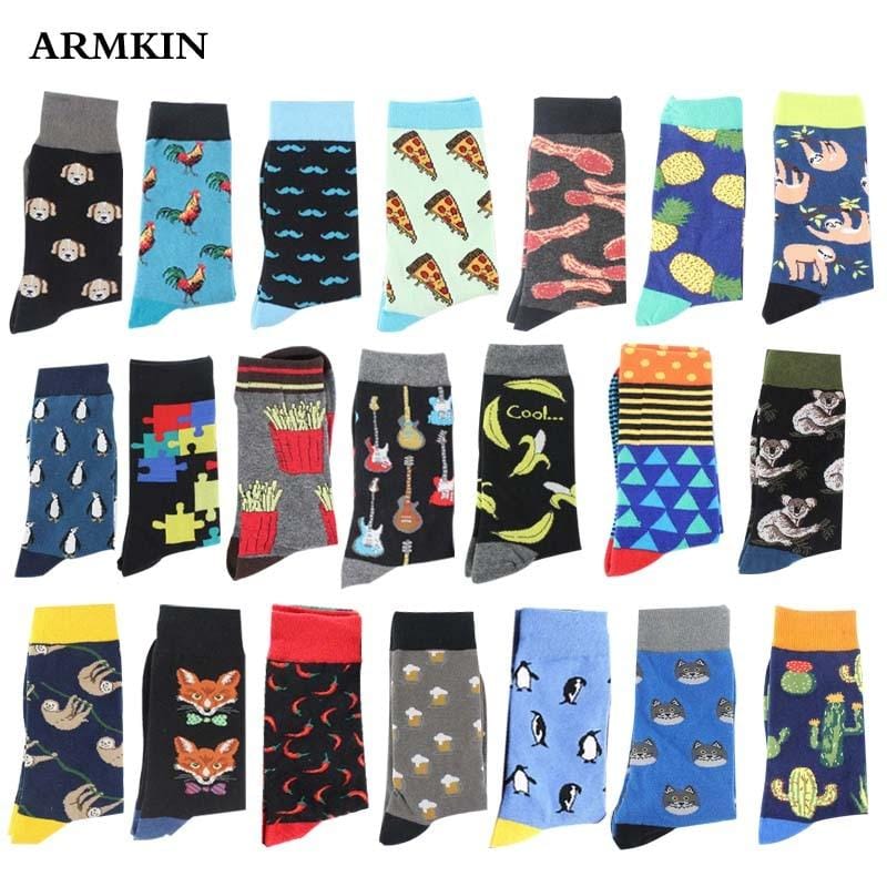 ARMKIN Hip Hop Cool Animal Food happy Funny Socks Men Harajuku Skateboard Crew sock Male Vintage Large High sock for christmas