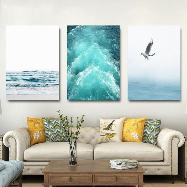 Blue Sea And Sky Nordic Landscape Canvas Painting Free Seagull Waves Beach Art Poster Living Room Decor Seabirds Wall