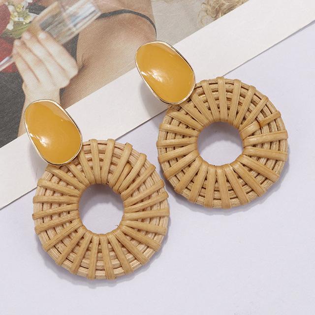 AENSOA Multiple 27 Style Korea Handmade Wooden Straw Weave Rattan Vine Braid Drop Earrings New Fashion Geometric Long Earrings