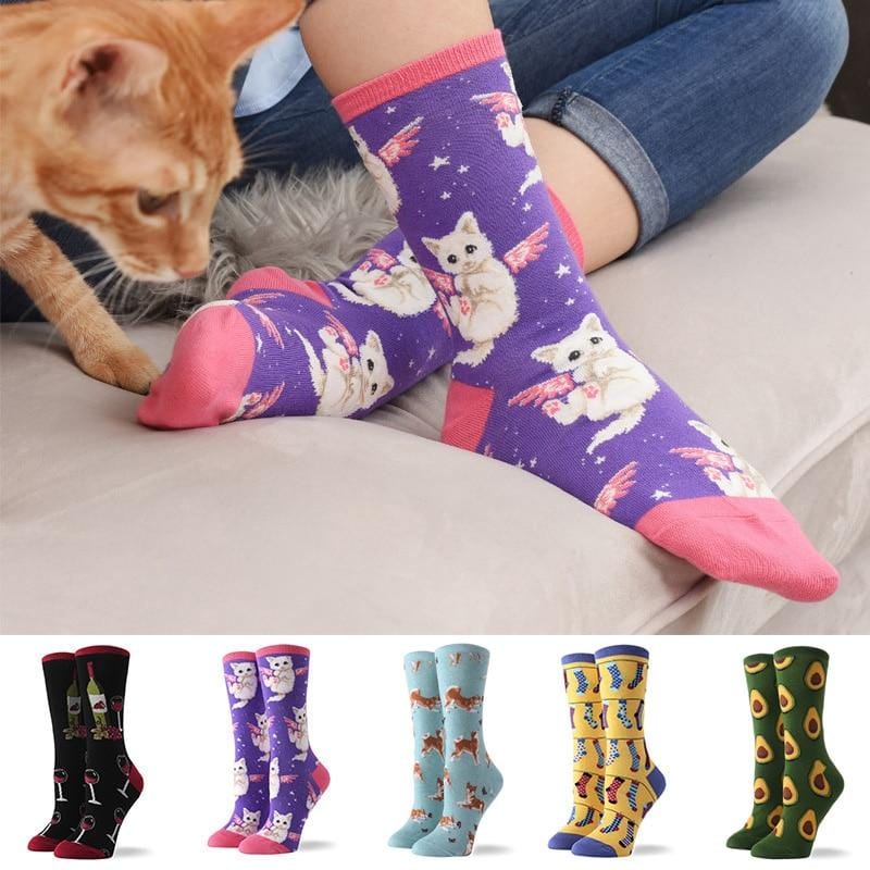 Hot Sale Colorful Women's Cotton Crew Socks Funny Banana Cat Animal Pattern Creative Ladies Novelty Socks For Gifts