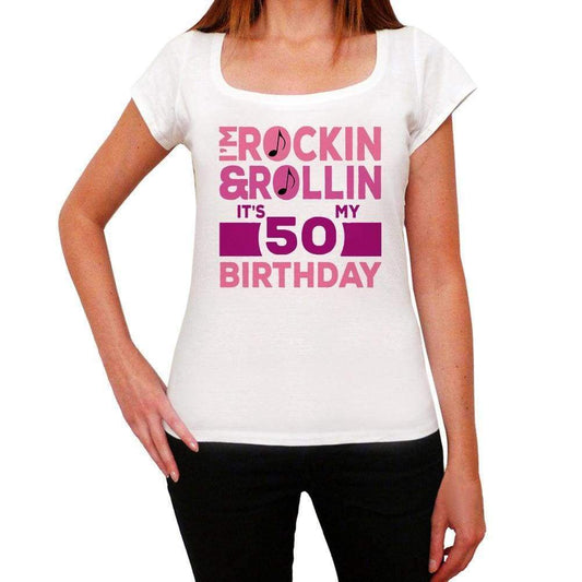 Rockin&rollin 50 White Womens Short Sleeve Round Neck T-Shirt Gift T-Shirt 00343 - White / Xs - Casual