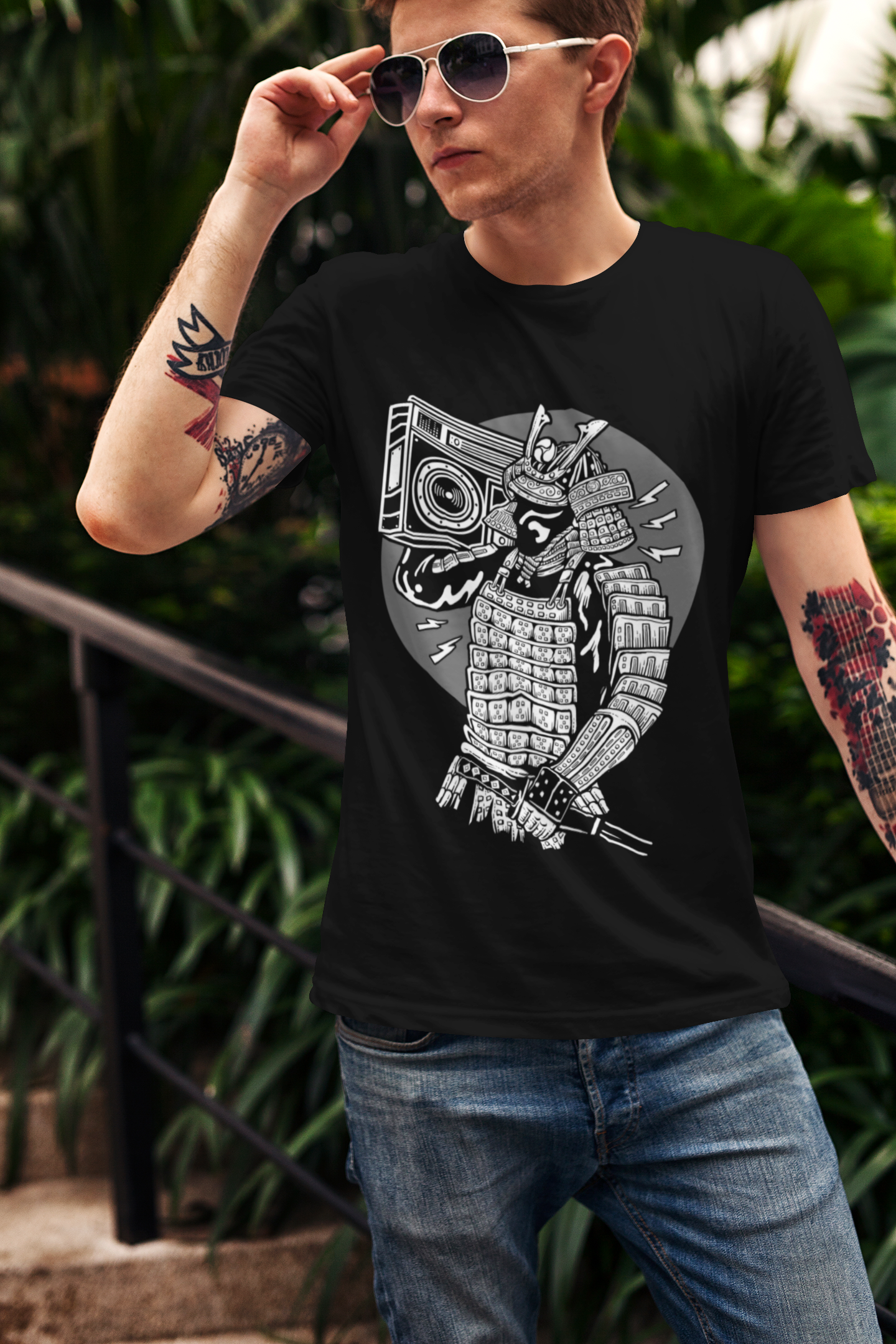ULTRABASIC Men's Graphic T-Shirt Samurai with Boombox Funny Music Shirt for Men