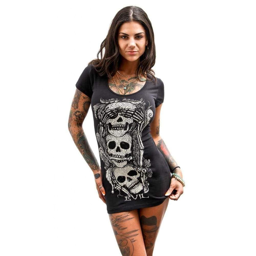 Women Loose Short Sleeves Skull Printed Summer Vintage Mini Package Hip Dress - M